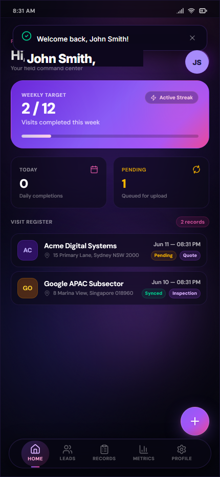 FieldRep home — weekly targets and visit register