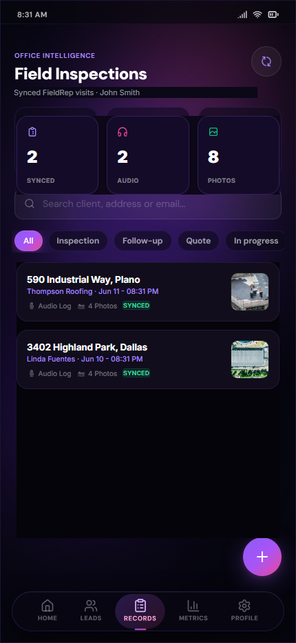FieldRep metrics — completed inspections and success rate